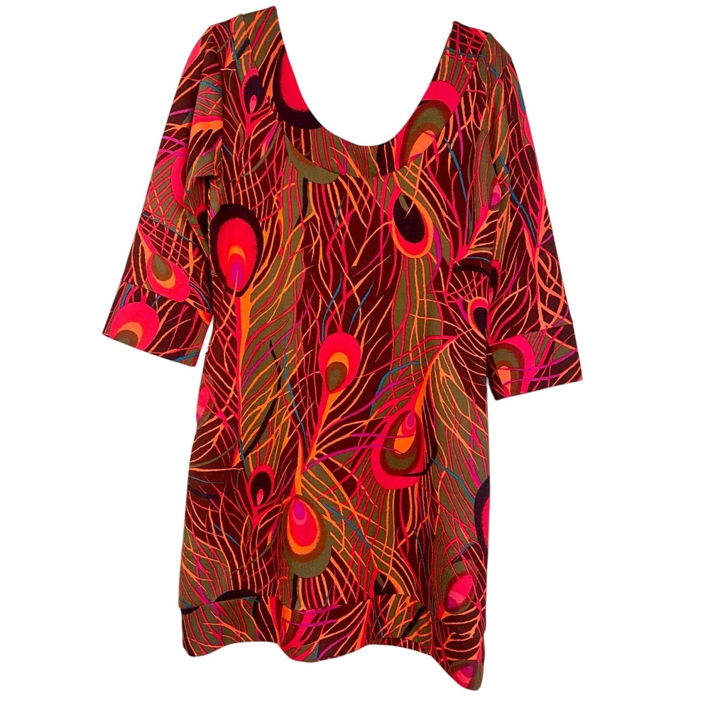 Tracy Negoshian Mini Dress Peacock Print Shift Dress Retro Mod Style M‎